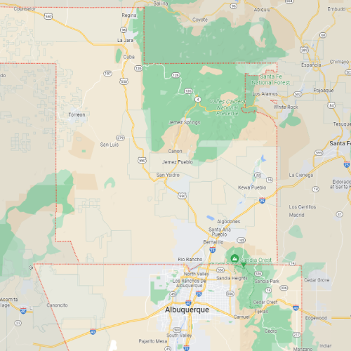 New Mexico Counties of Bernalillo and Sandoval including the cities of Albuquerque, Rio Rancho, Corrales, Bernalillo, and surrounding areas.